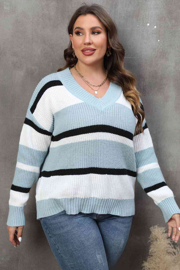 Plus Size Striped V-Neck Sweater
