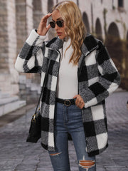 Plaid Collar Neck Coat with Pockets