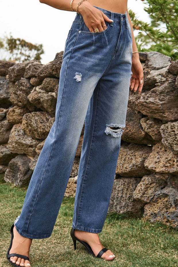 Distressed Button Loose Fit Jeans
