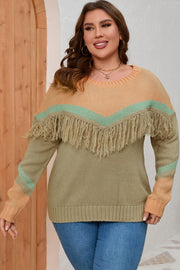 Plus Size Fringe Round Neck Sweater
