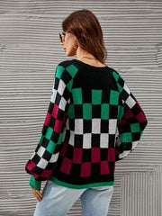 Checker V-Neck Lantern Sleeve Sweater