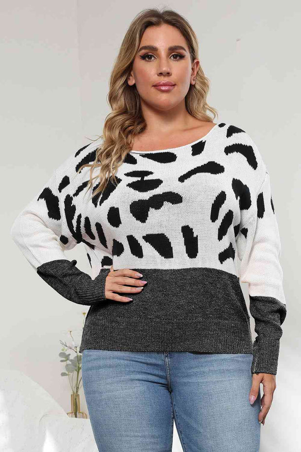 Plus Size Leopard Round Neck Sweater