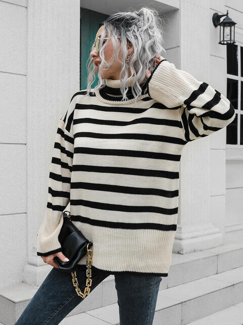 Stripe Slit Turtleneck Sweater