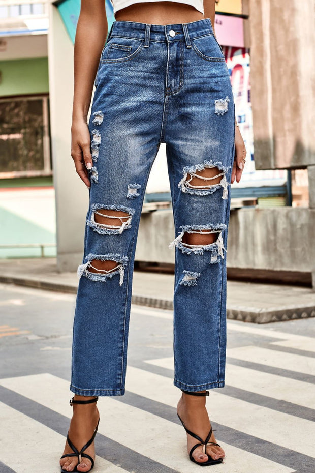 Distressed Button Jeans with Pockets