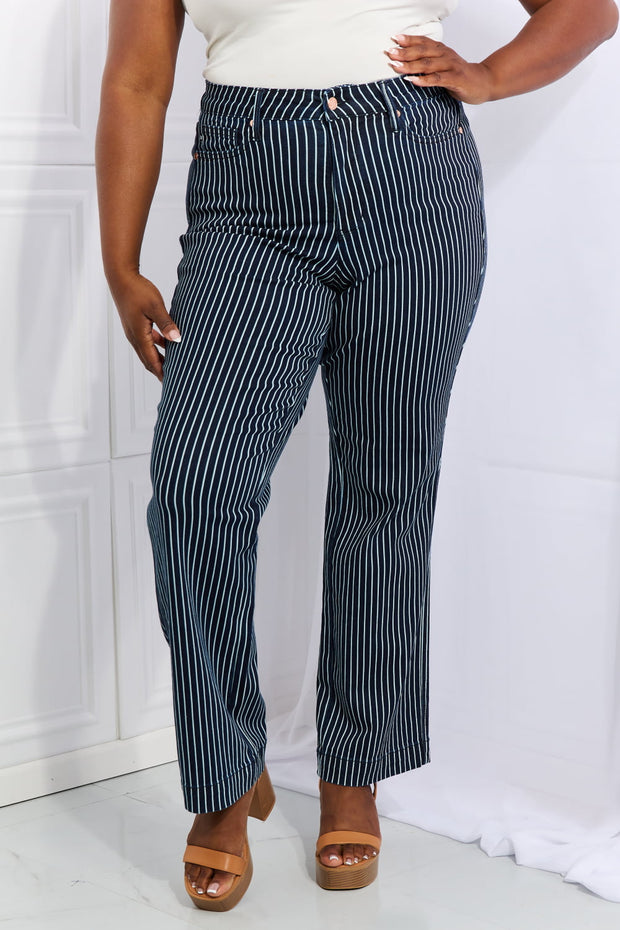 Full Size High Waisted Tummy Control Striped Straight Jeans