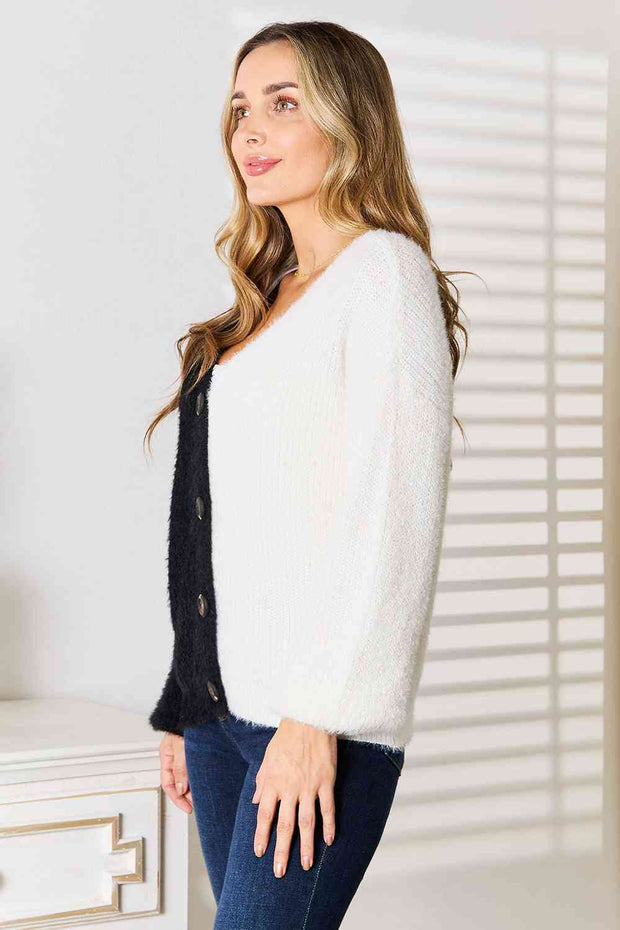 Full Size Button-Front V-Neck Cardigan