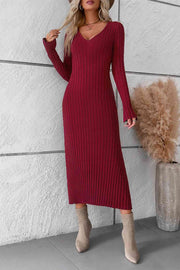V-Neck Long Sleeve Sweater Dress