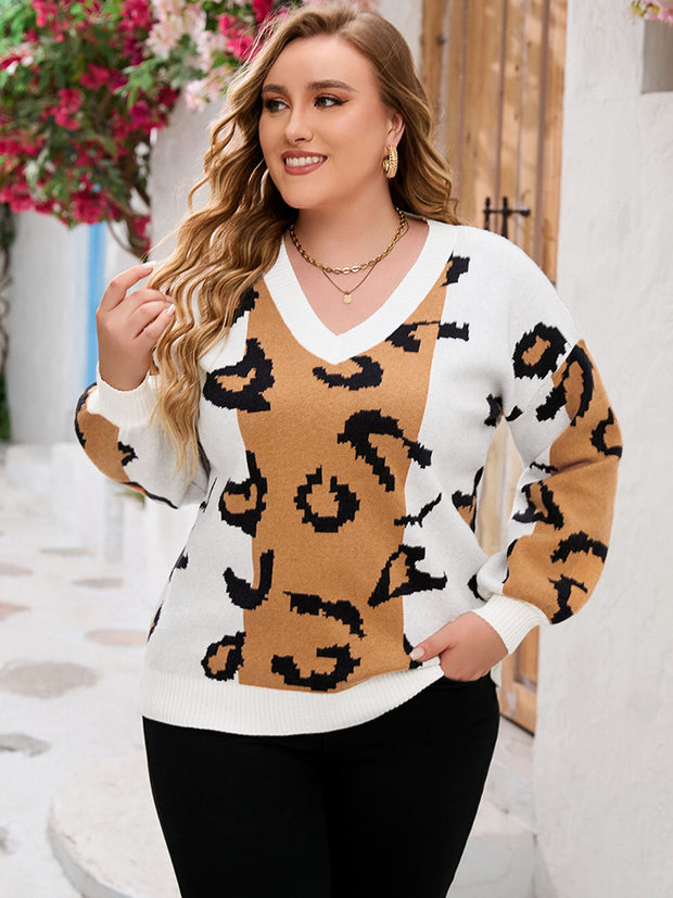 Plus Size Printed V-Neck Sweater