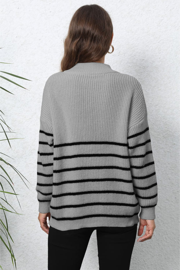 Stripe Zip-Up Long Sleeve Sweater