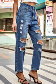 Distressed Button Jeans with Pockets