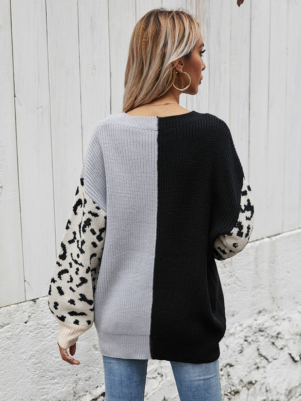 Leopard V-Neck Tunic Pullover Sweater