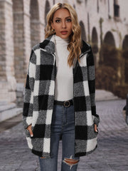 Plaid Collar Neck Coat with Pockets