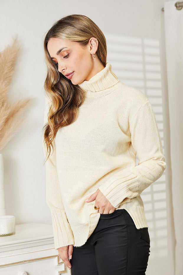 Full Size Turtleneck Sweater with Side Slit