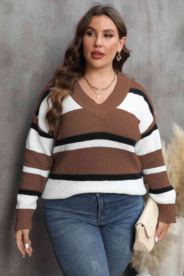 Plus Size Striped V-Neck Sweater