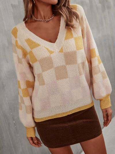 Checker V-Neck Lantern Sleeve Sweater