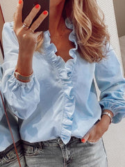 Ruffled V-Neck Long Sleeve Blouse