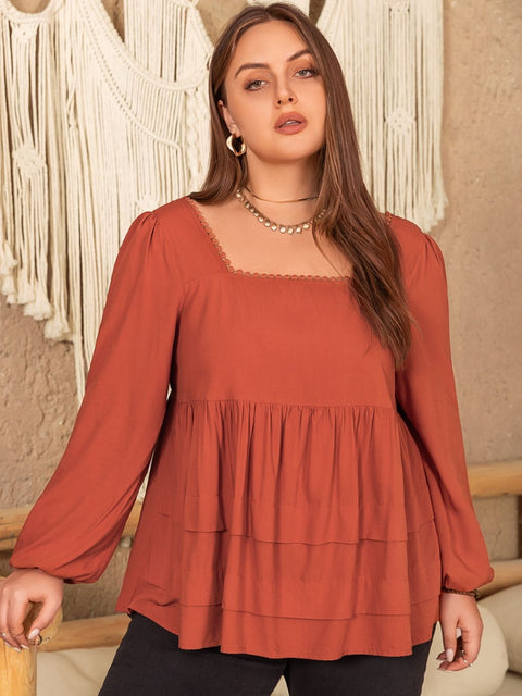 Plus Size Square Neck Long Sleeve Blouse