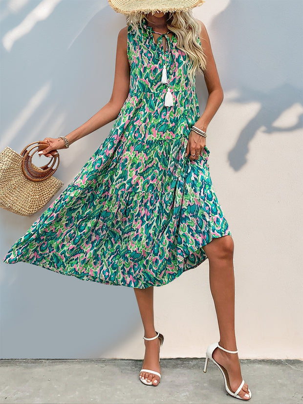 Tassel Printed Tie Neck Sleeveless Dress