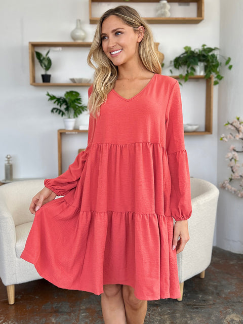 Plus Size V-Neck Balloon Sleeve Tiered Dress
