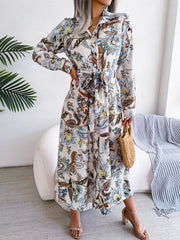 Tied Printed Long Sleeve Midi Dress