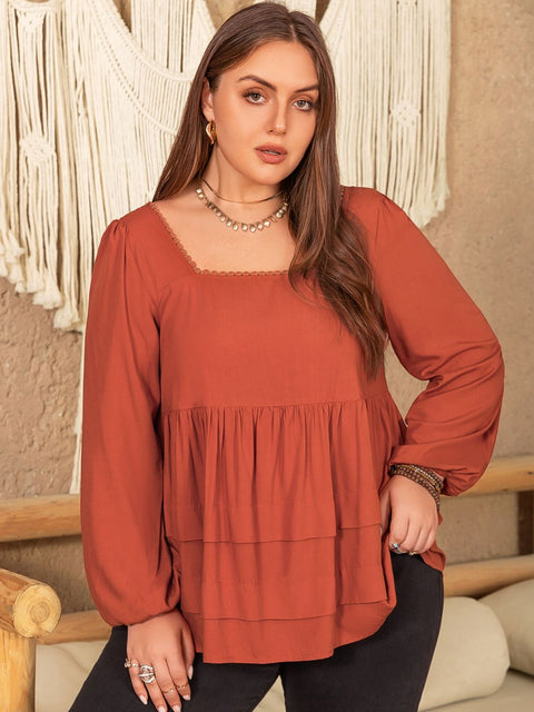 Plus Size Square Neck Long Sleeve Blouse