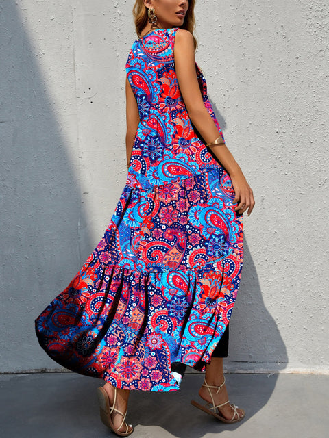 Printed V-Neck Sleeveless Dress