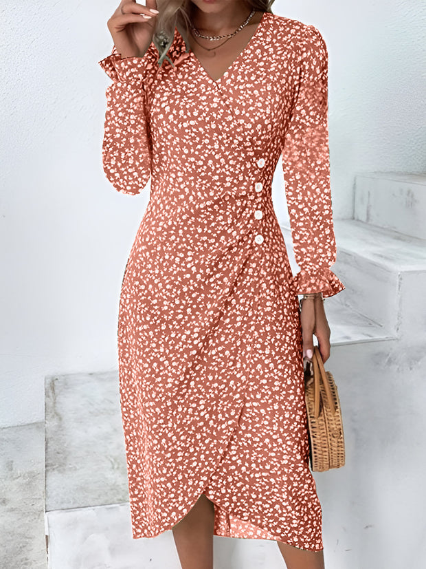 Printed Surplice Long Sleeve Midi Dress