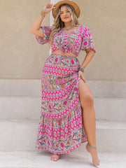 Plus Size Printed V-Neck Top and Skirt Set