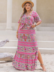 Plus Size Printed V-Neck Top and Skirt Set