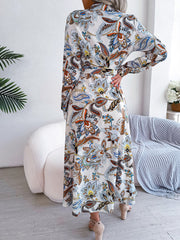 Tied Printed Long Sleeve Midi Dress