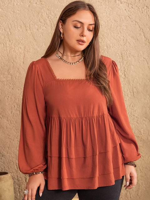 Plus Size Square Neck Long Sleeve Blouse