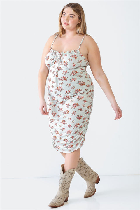 Plus Size Ruched Floral Square Neck Cami Dress