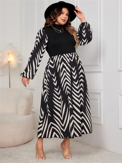 Plus Size Printed Mock Neck Midi Dress