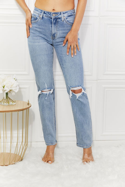 High Rise Distressed Slim Straight Jeans
