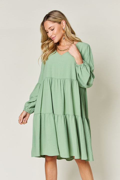 Plus Size V-Neck Balloon Sleeve Tiered Dress