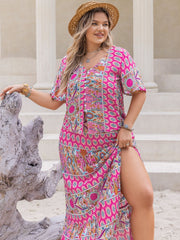 Plus Size Printed V-Neck Top and Skirt Set