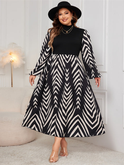 Plus Size Printed Mock Neck Midi Dress