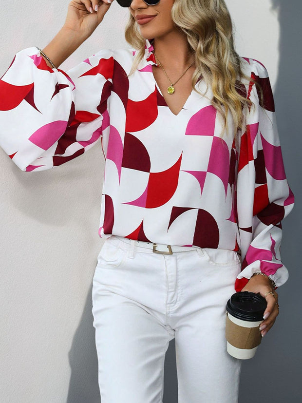 Frill Notched Long Sleeve Blouse