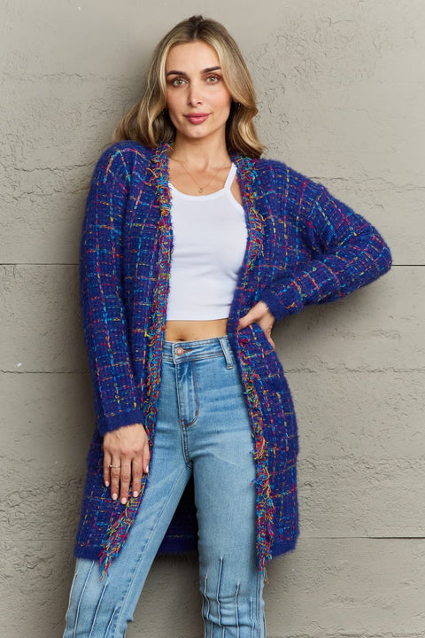 Plaid Fringe Longline Cardigan