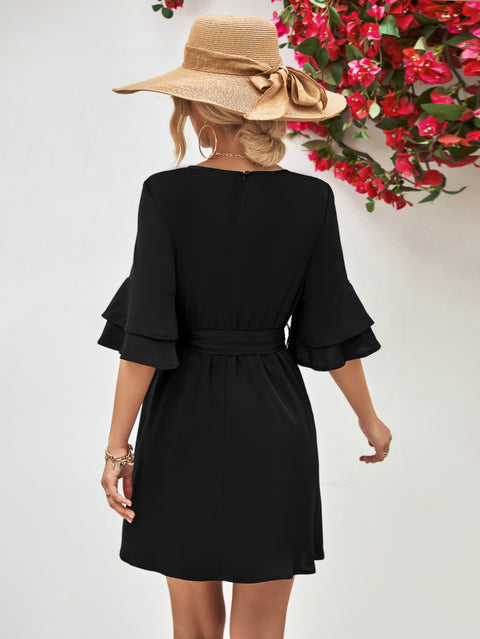 Tie Belt Flounce Sleeve Dress