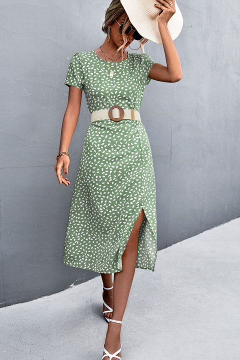 Printed Slit Cutout Midi Dress