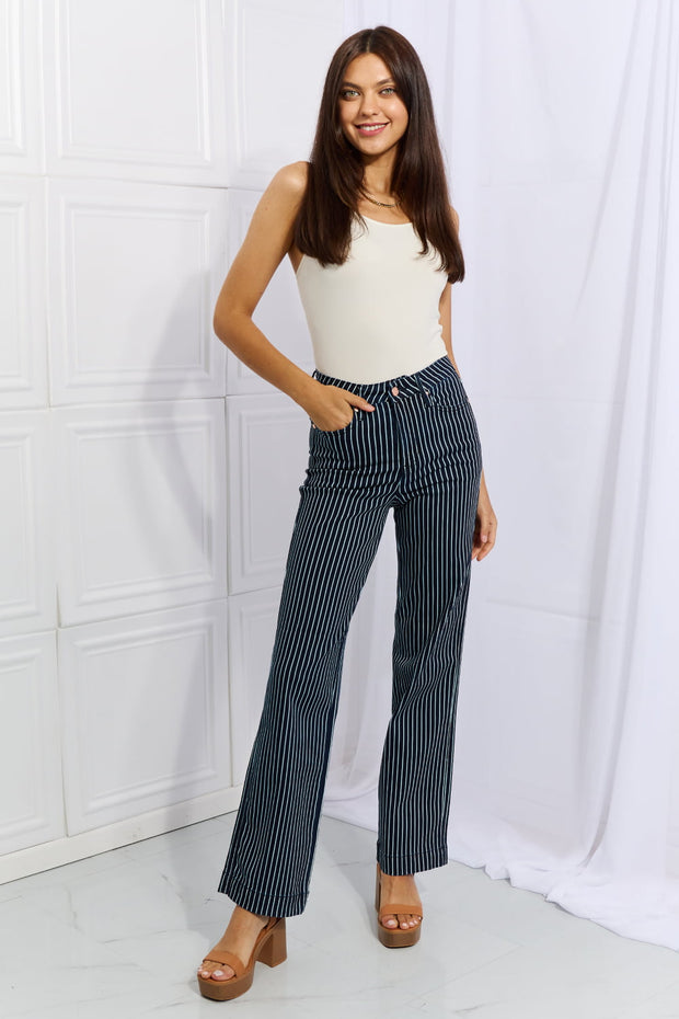 Full Size High Waisted Tummy Control Striped Straight Jeans