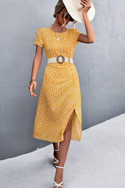 Printed Slit Cutout Midi Dress