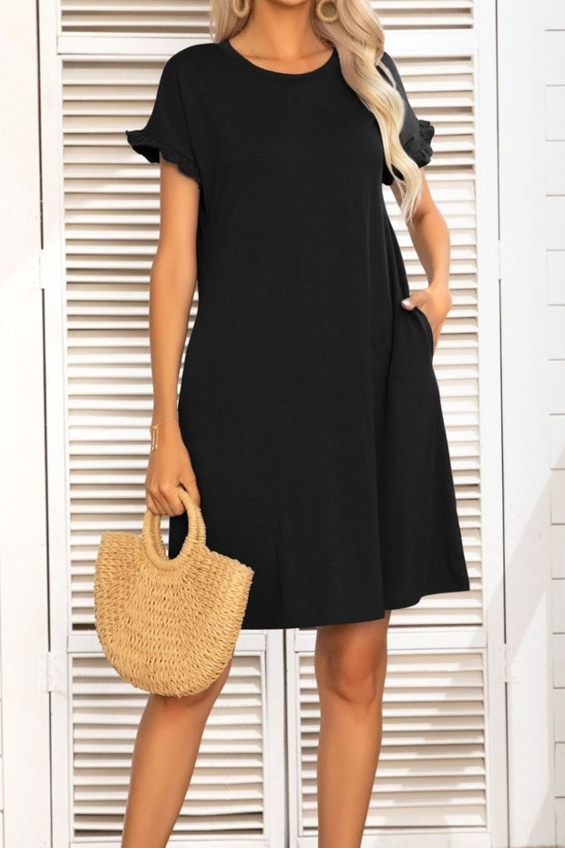 Flounce Sleeve Round Neck Dress with Pockets