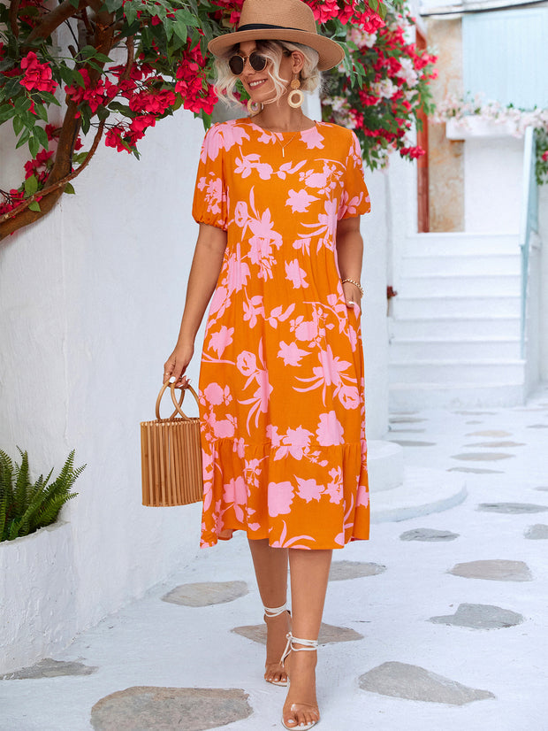 Floral Puff Sleeve Ruffle Midi Dress