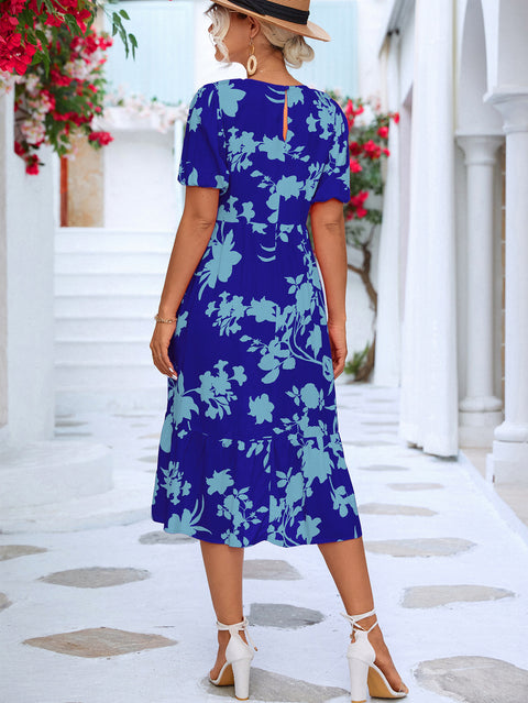 Floral Puff Sleeve Ruffle Midi Dress