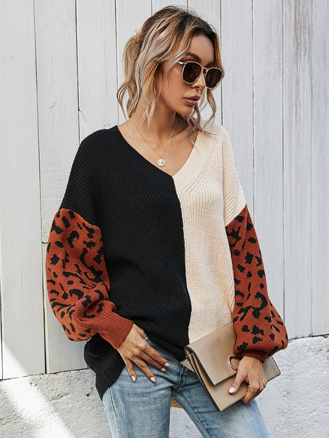 Leopard V-Neck Tunic Pullover Sweater