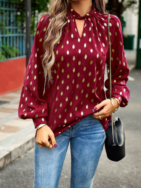 Mock Neck Cutout Lantern Sleeve Blouse