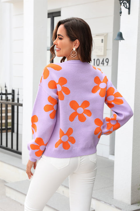 Floral Print Round Neck Sweater