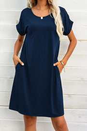 Scoop Neck Short Sleeve Pocket Dress